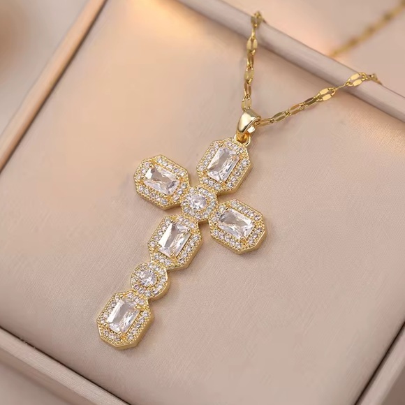 Anthropologie Jewelry - Vintage Crystal Cross Gold Necklace